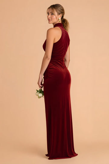 Robe de demoiselle d’honneur longue en velours à col haut bordeaux